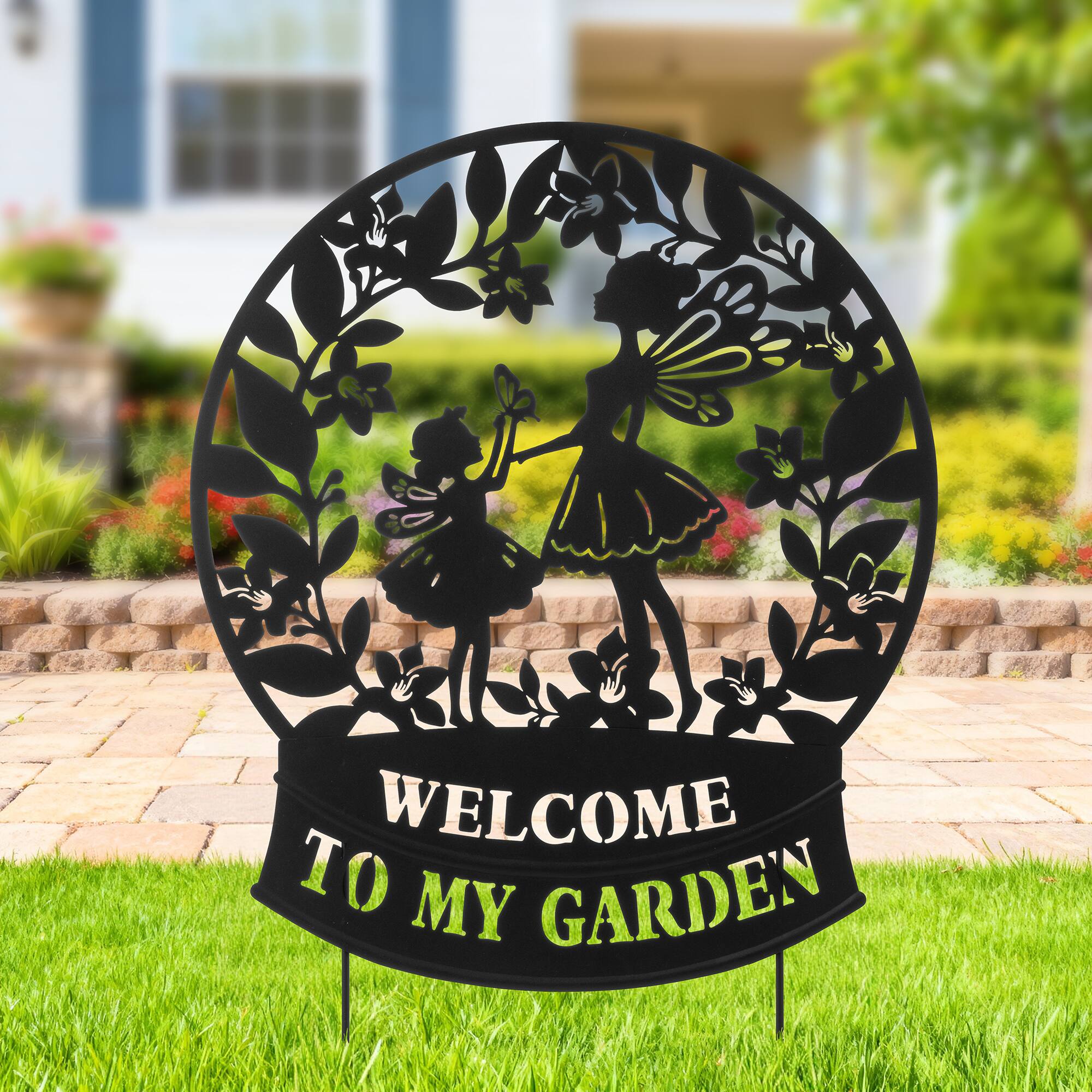 Glitzhome® 30" 2-in-1 Painted Metal Flower Fairy Silhouette Garden Yard Stake & Wall Decor